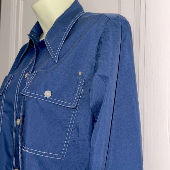 Vtg 70s Blue with White Stitching Long Tunic Polyester/Cotton Long Sleeve Shirt - Picture 4 of 9
